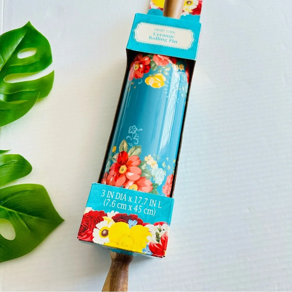 The Pioneer Woman Vintage Floral Ceramic Rolling Pin with Acacia Wood Handles